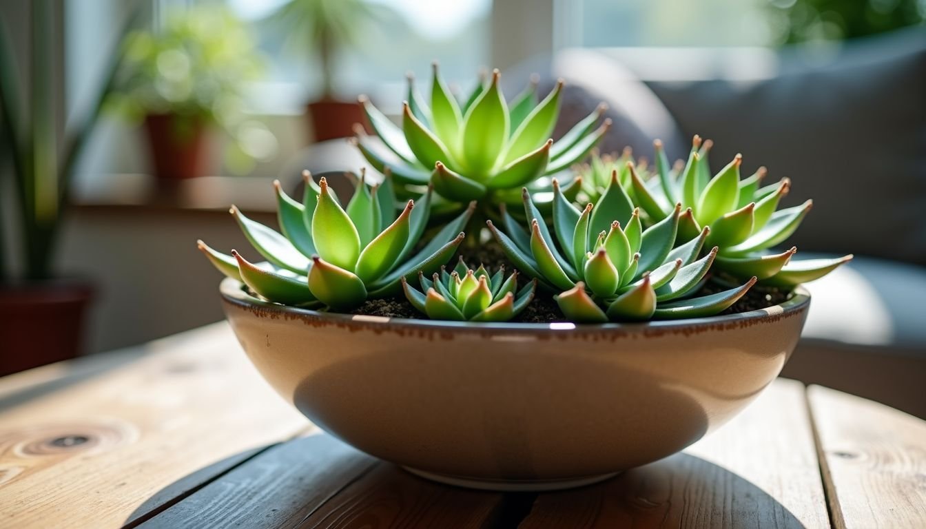 A close-up photo of artificial succulents in a stylish ceramic bowl.