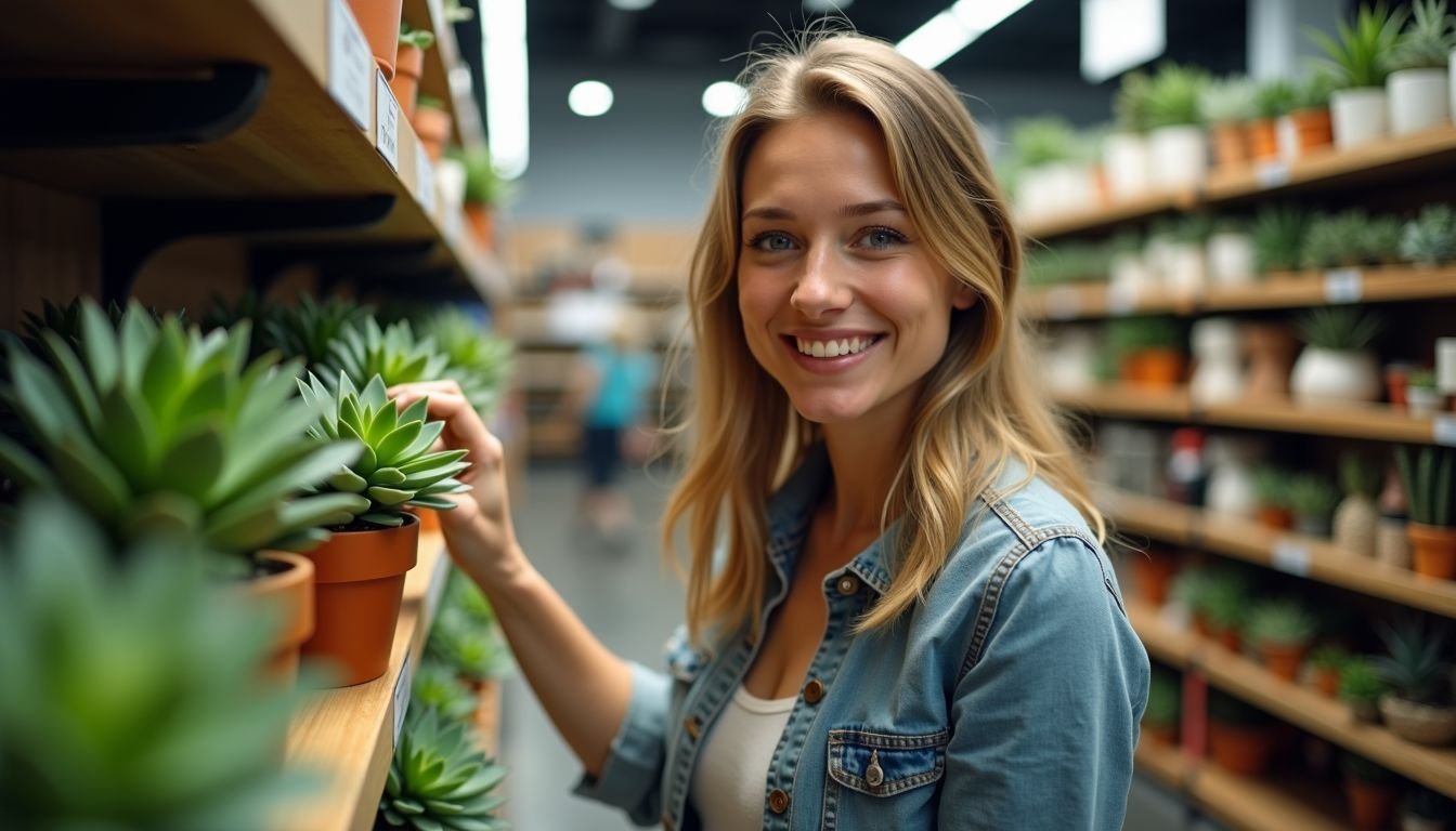 A woman in her 30s smiles while choosing a fake succulent at a home decor store.