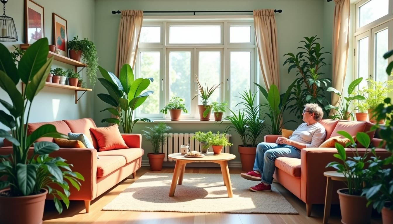 A modern living room with Bunnings artificial plants, creating a cozy atmosphere.