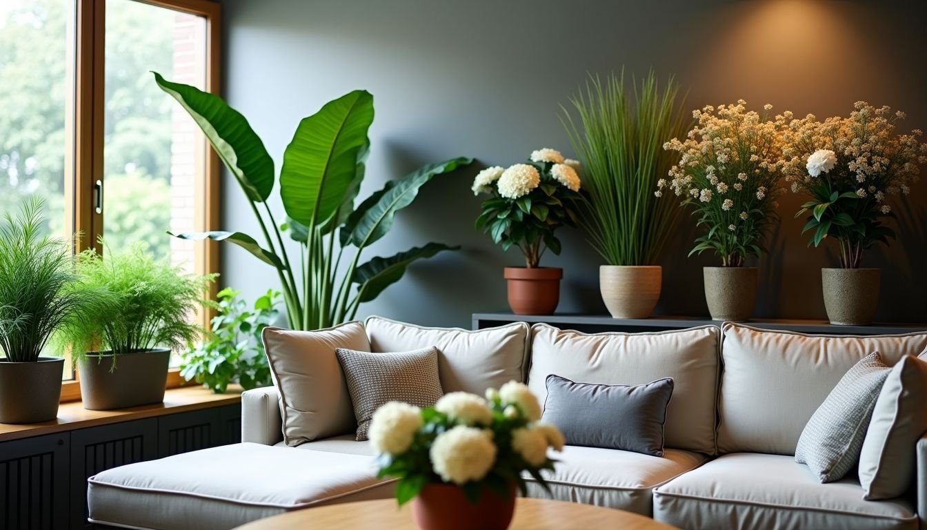 A living room filled with various artificial plants in modern style.