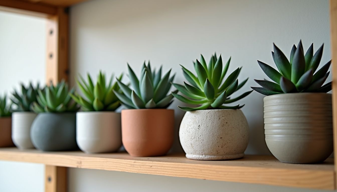 A wooden shelf displays a variety of artificial succulents in different styles.