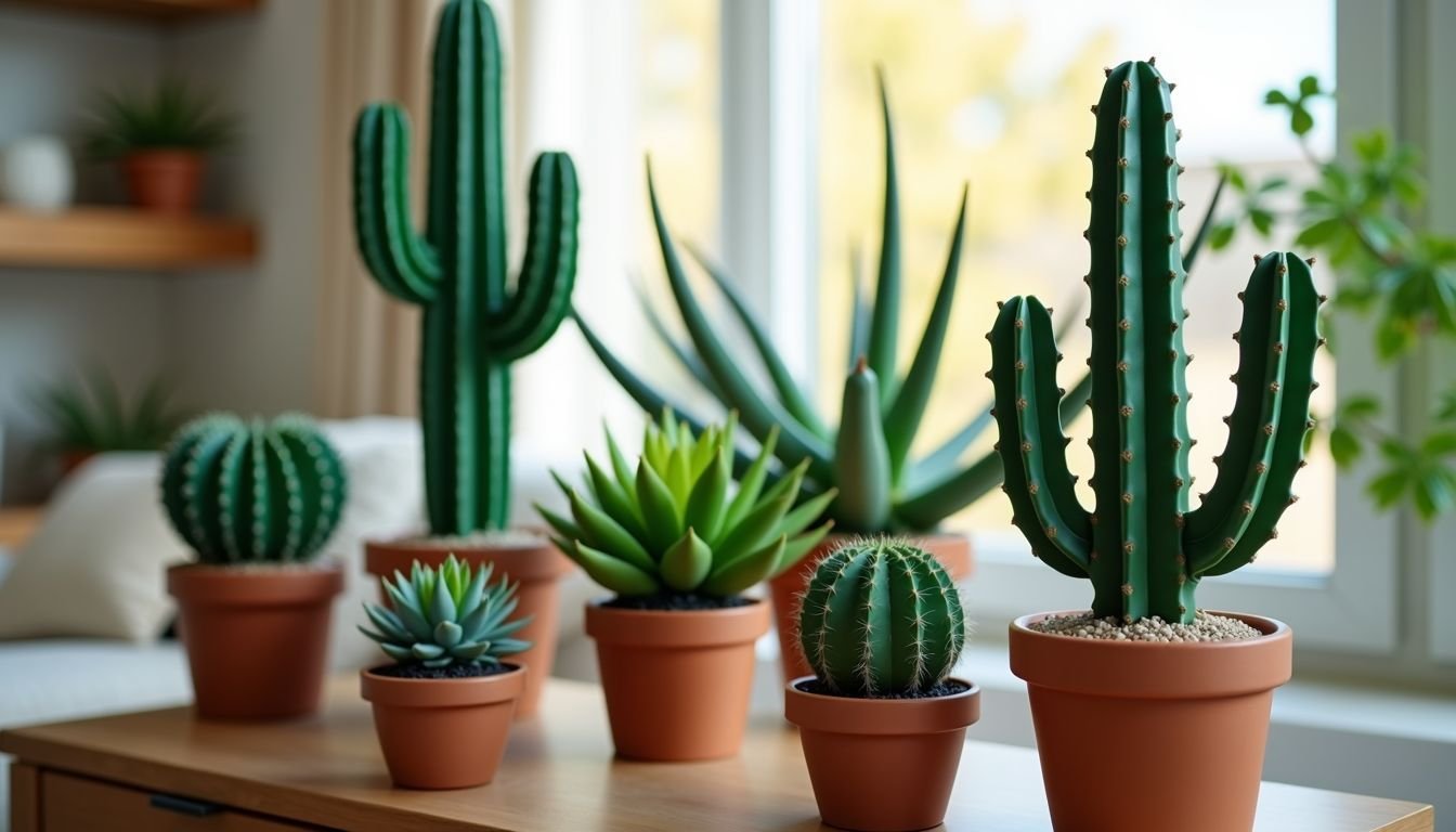 A collection of artificial cacti arranged in a cozy home environment.