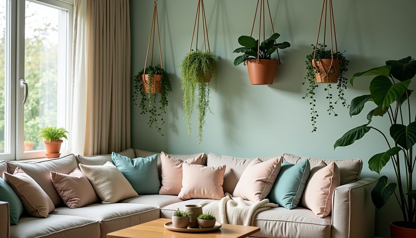 A cozy room filled with various faux hanging plants of different sizes.