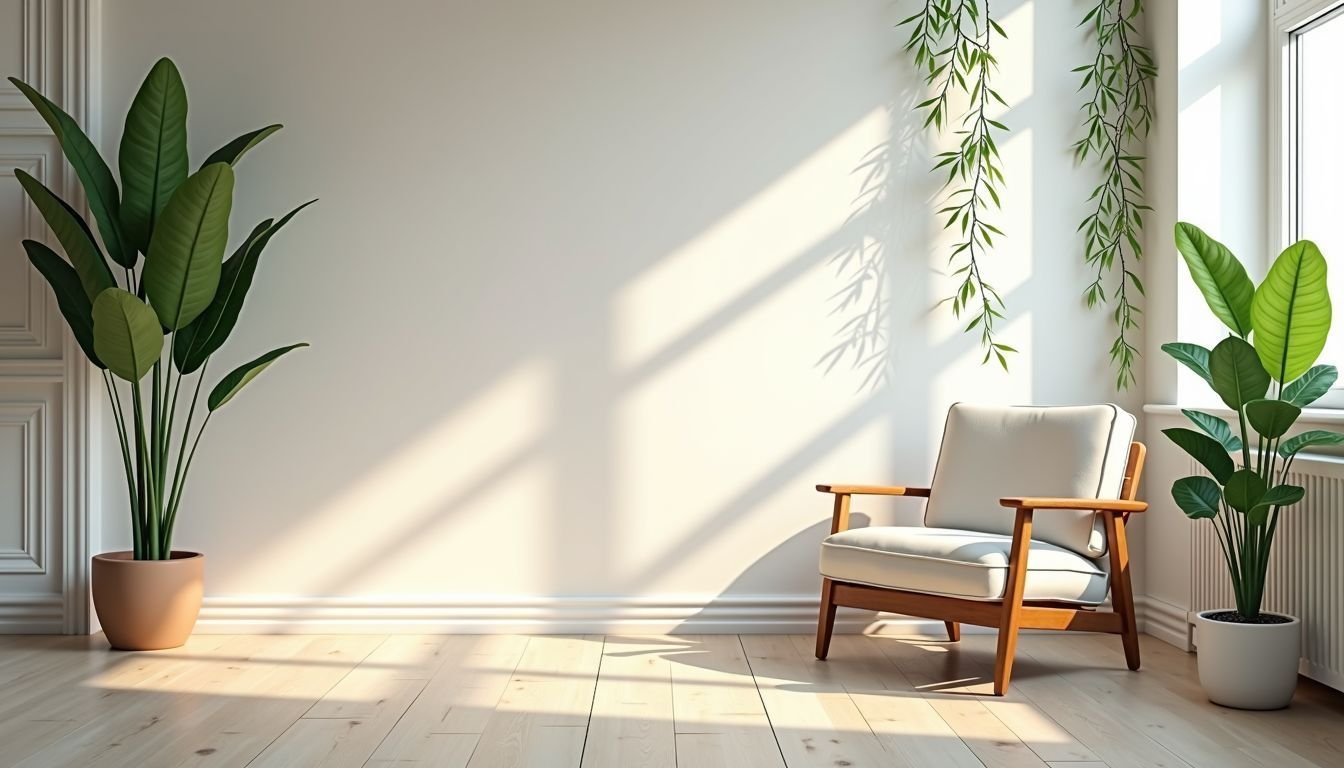 A modern room with minimalist decor and fake vines.