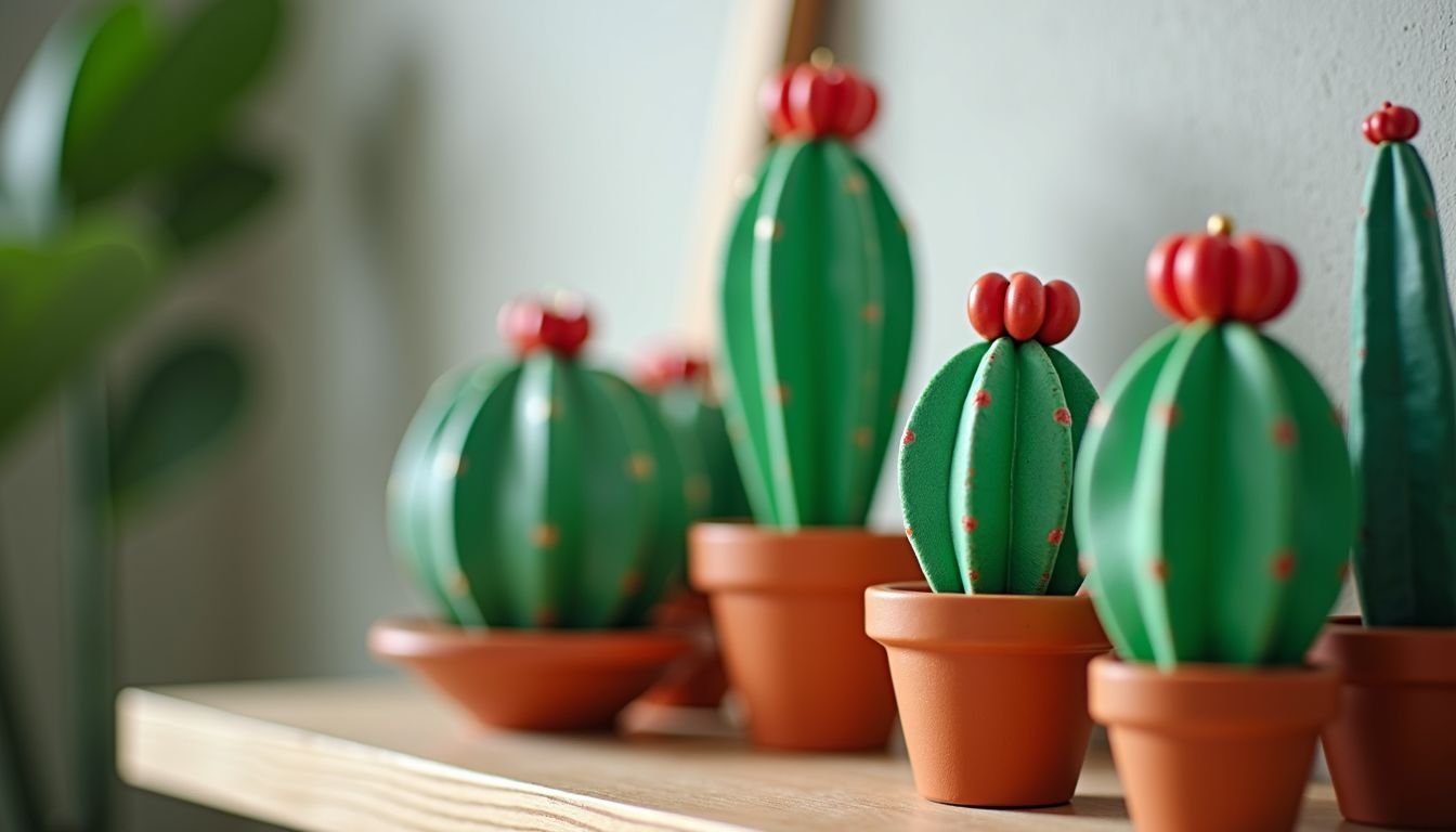 A collection of artificial cacti on a wooden shelf in a living room.