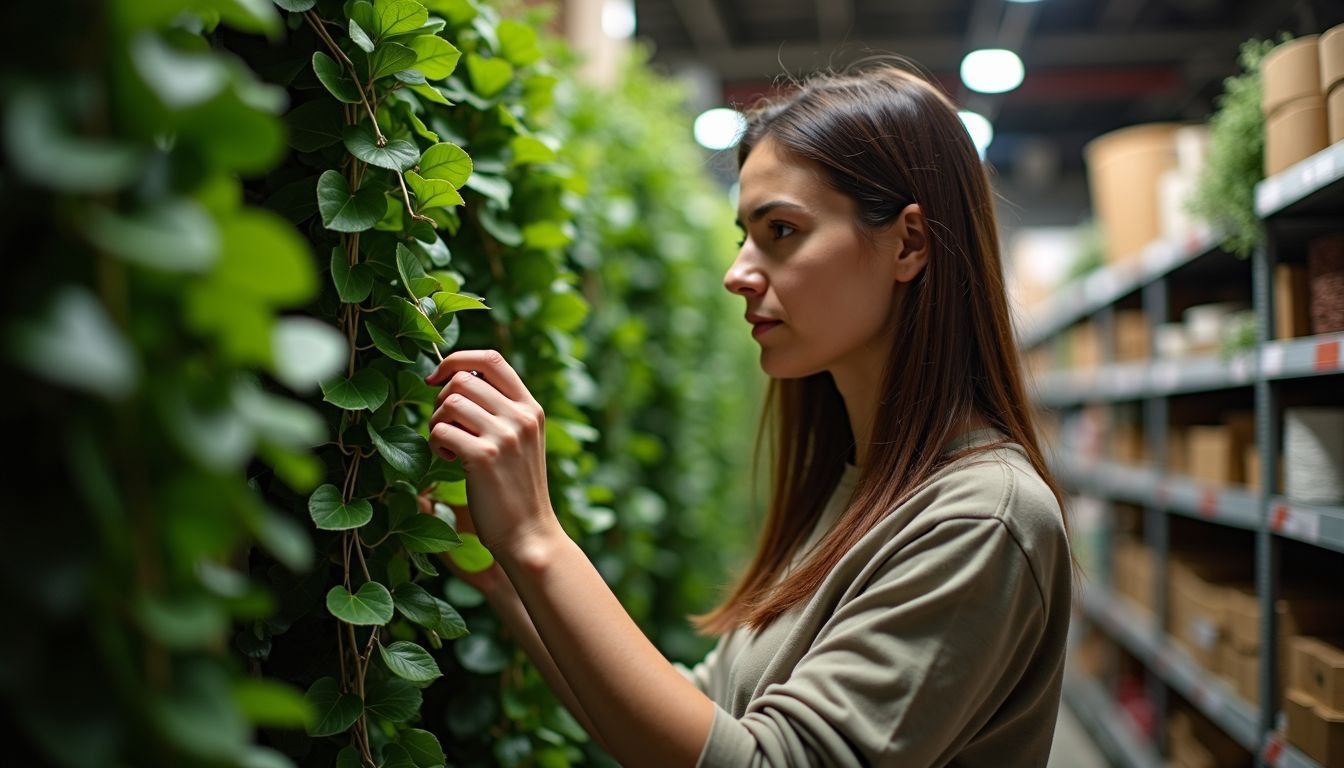 A person is choosing artificial vines in a home decor store.