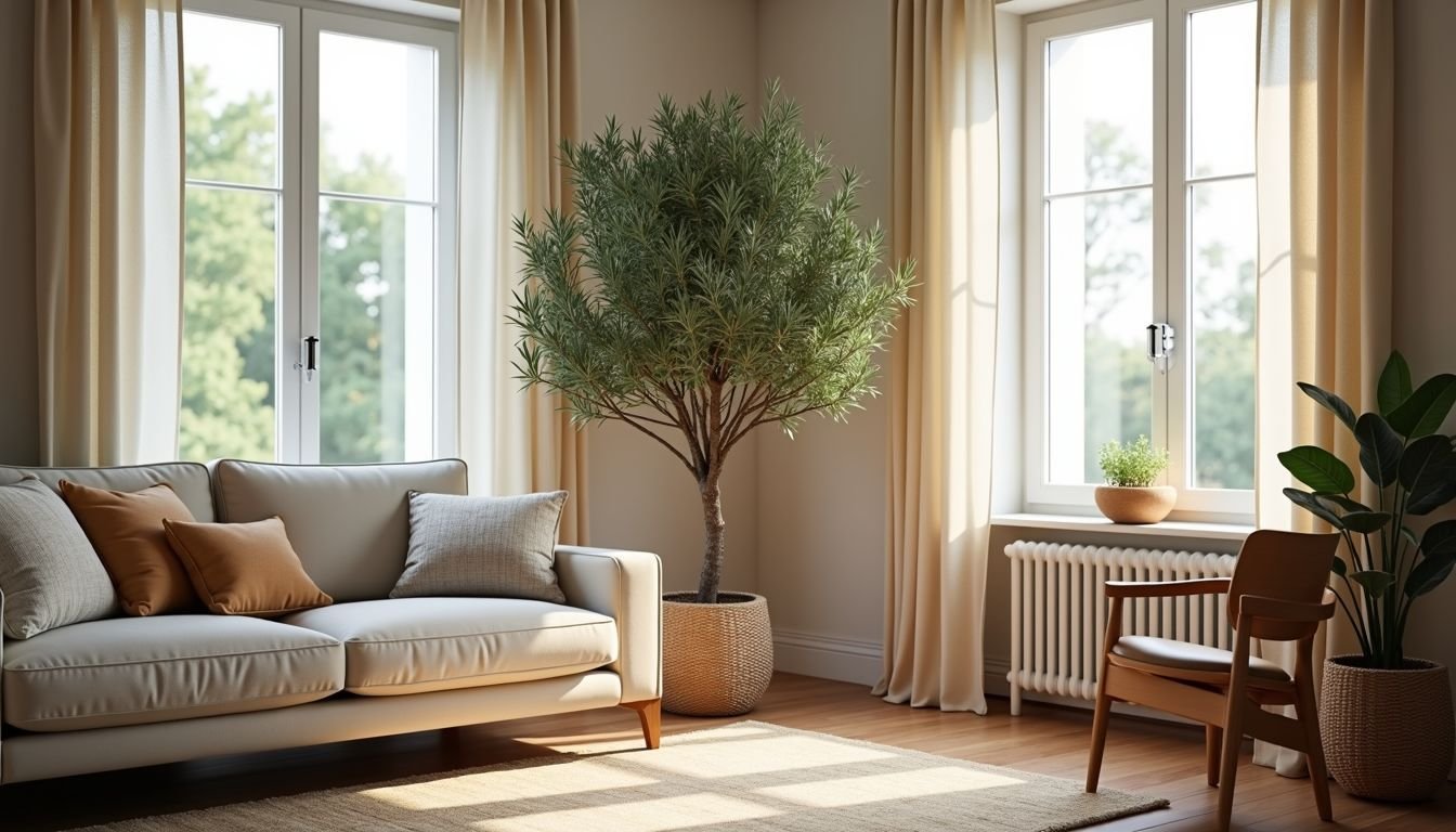 A fake olive tree in a well-lit living room adds greenery.