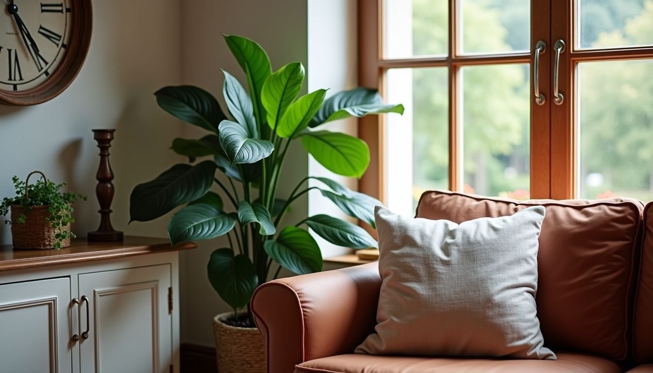 A cozy living room corner with a faux Alocasia plant.