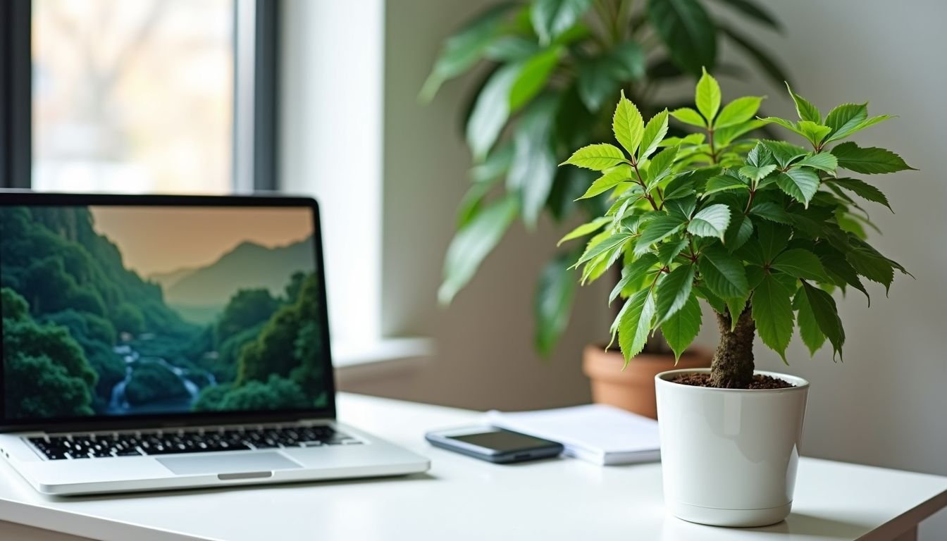 A 24cm tall artificial maple plant sits on a modern white desk in an office space.