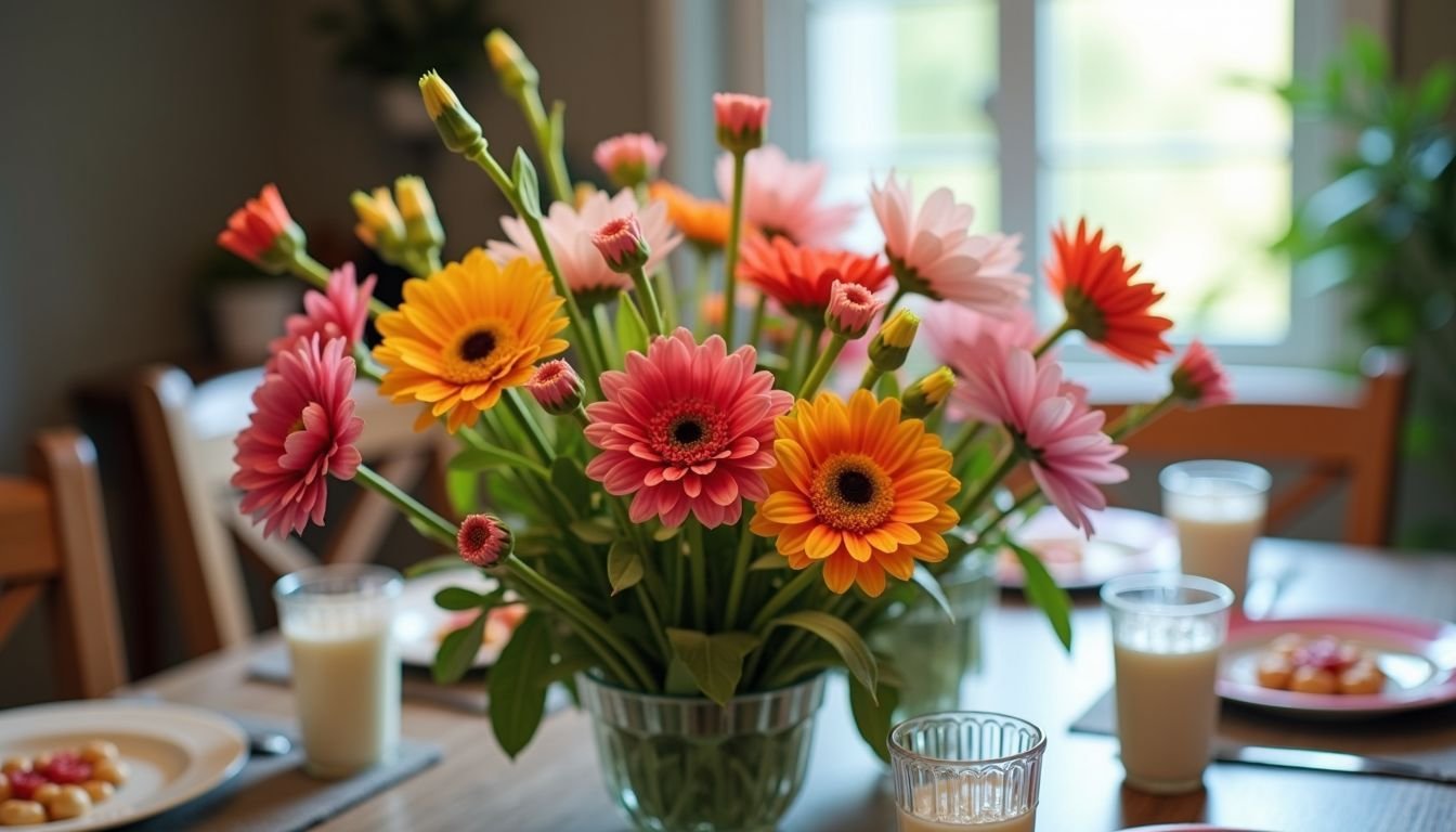 A dining table adorned with colorful artificial flowers for a gathering.