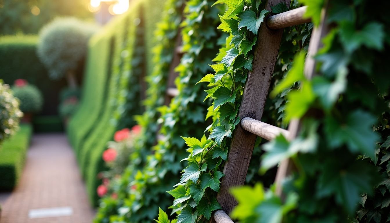 A garden adorned with artificial ivy hedges on rustic ladder.