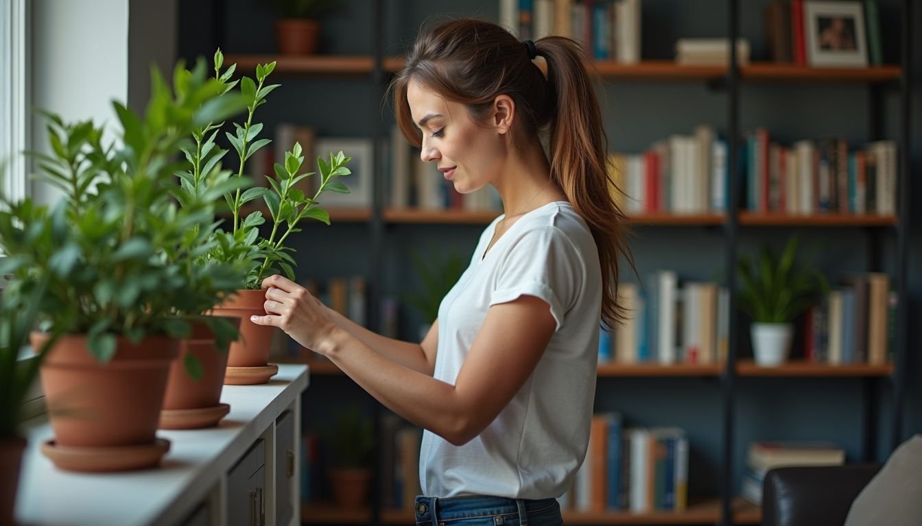 A woman arranges faux plants on a bookshelf for home décor.