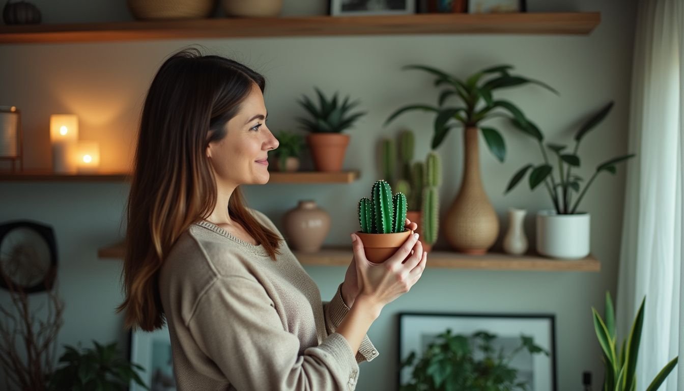 A woman in her 30s arranging plastic cacti on floating shelves in her modern living room.