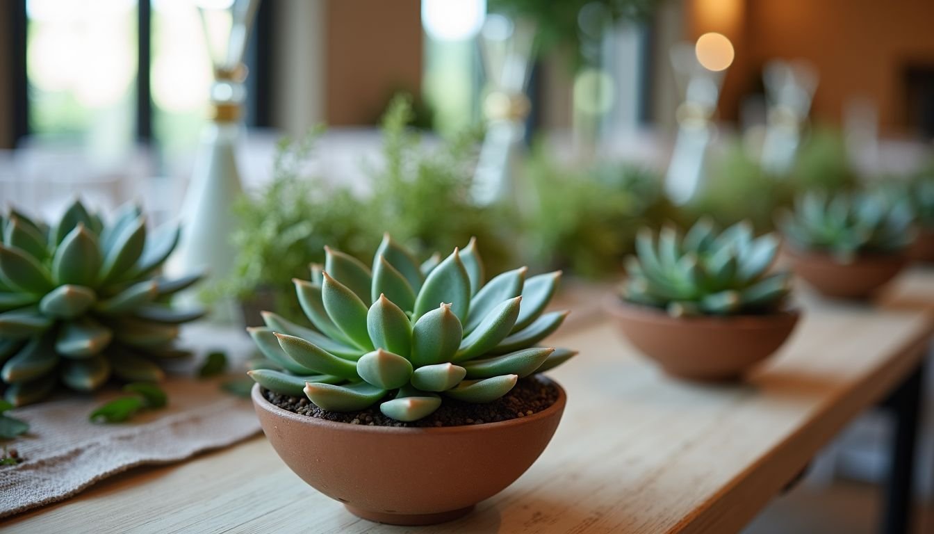 Artificial succulents arranged at a modern wedding reception.