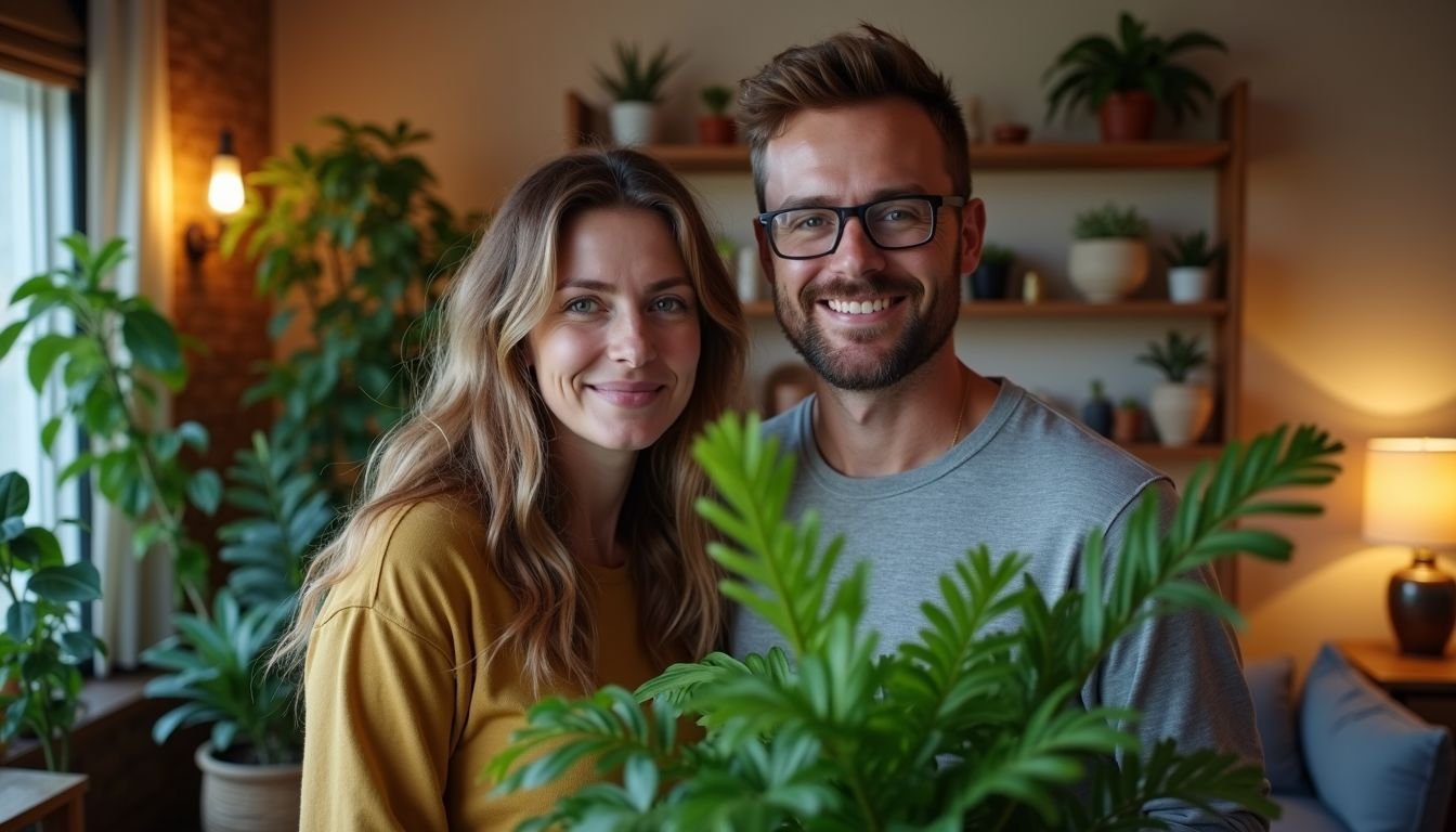 A couple in their 30s hanging faux plants in their cozy living room.