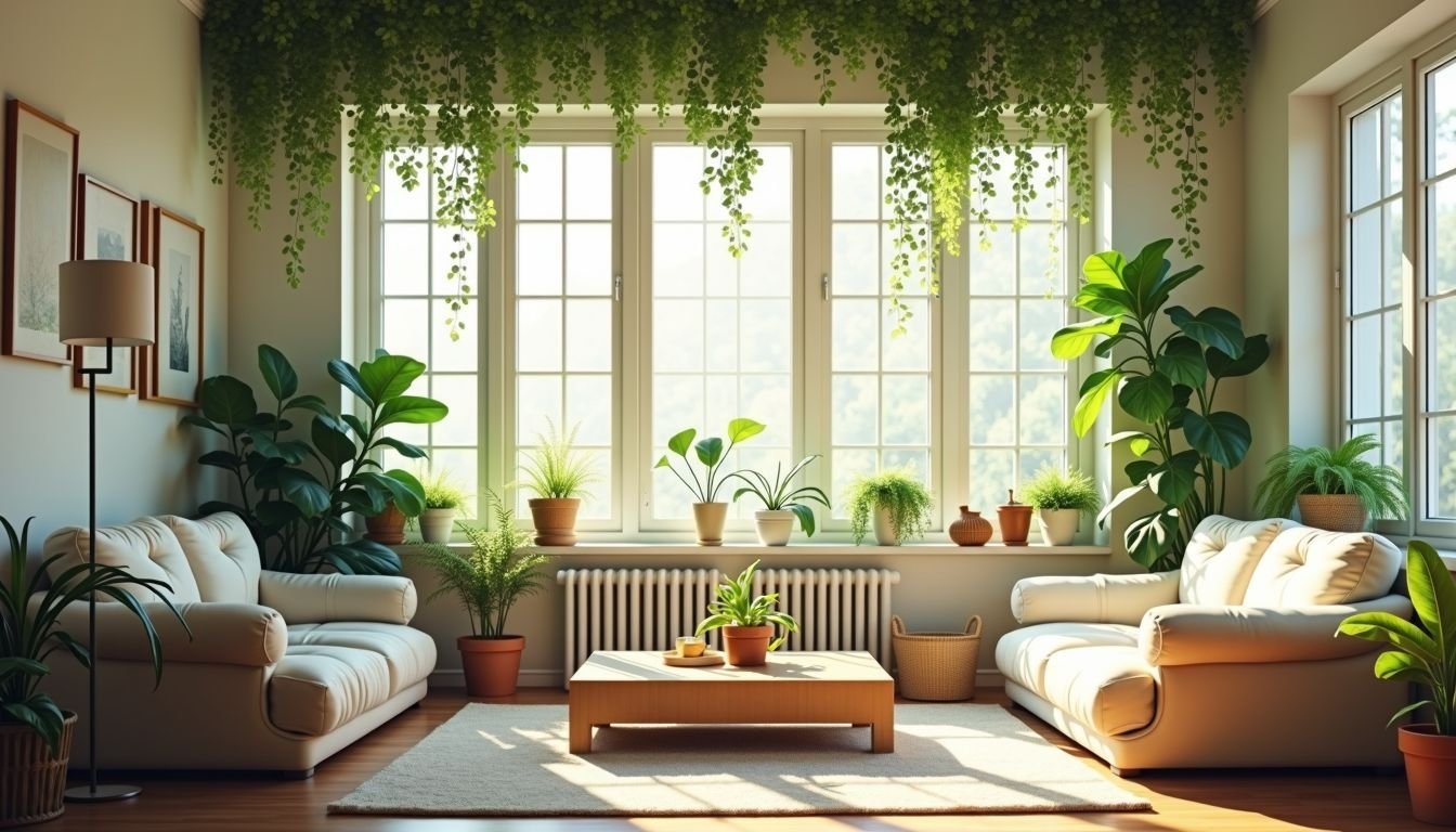 A cozy living room with green vines and natural light.