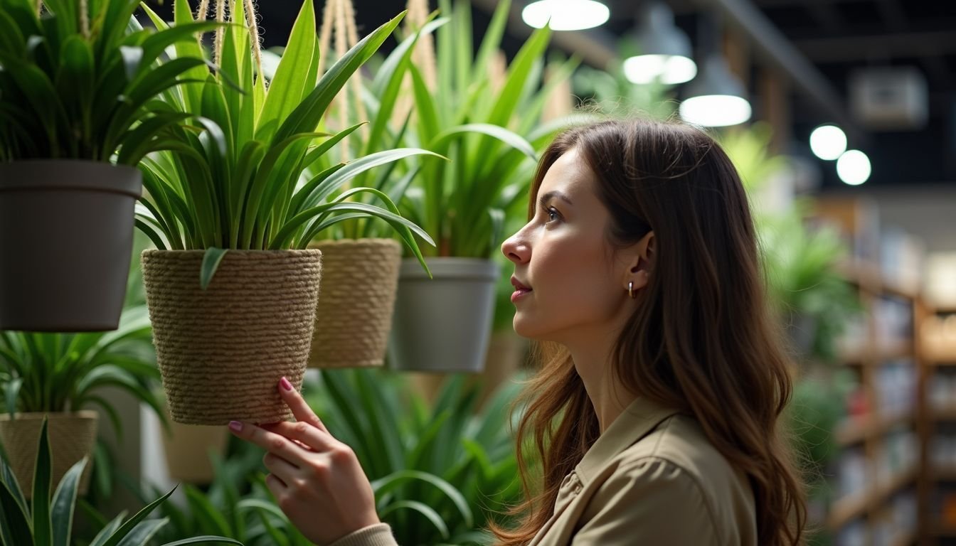 A woman shops for fake hanging plants in a home decor store.