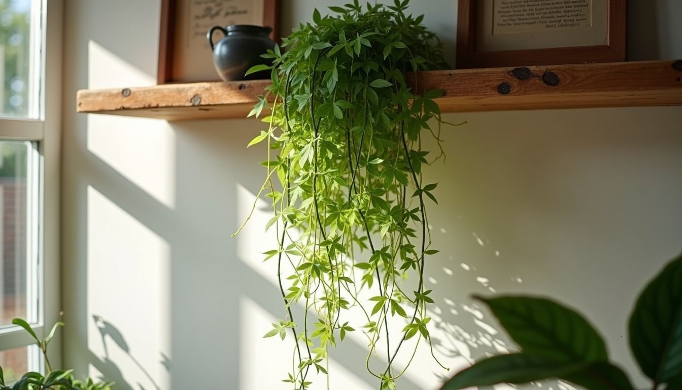 A 70cm Artificial Maiden Hair Vine hangs from a rustic wooden shelf.