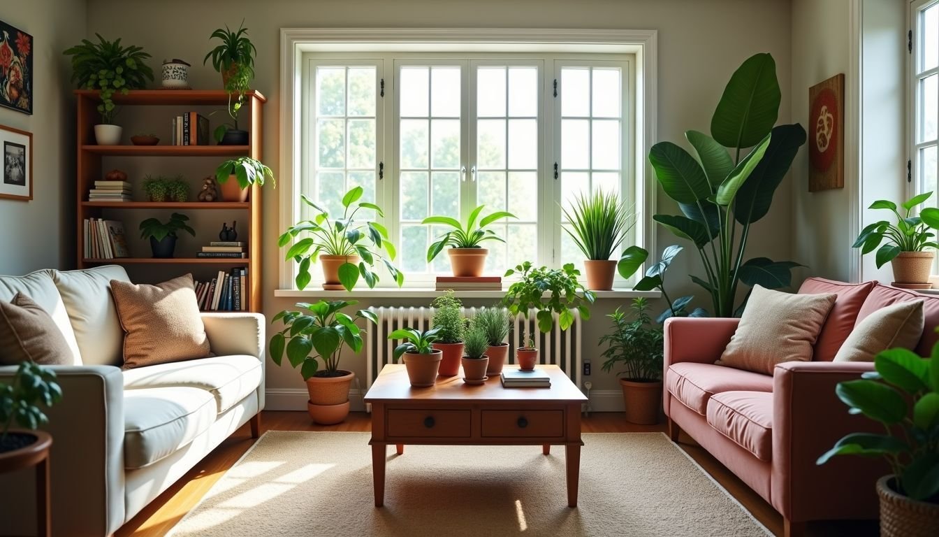 A cozy living room adorned with realistic faux plants for a natural touch.