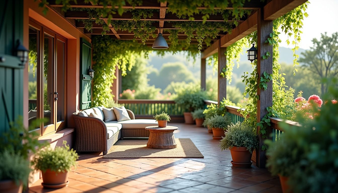 A peaceful outdoor patio with artificial greenery under a rustic pergola.