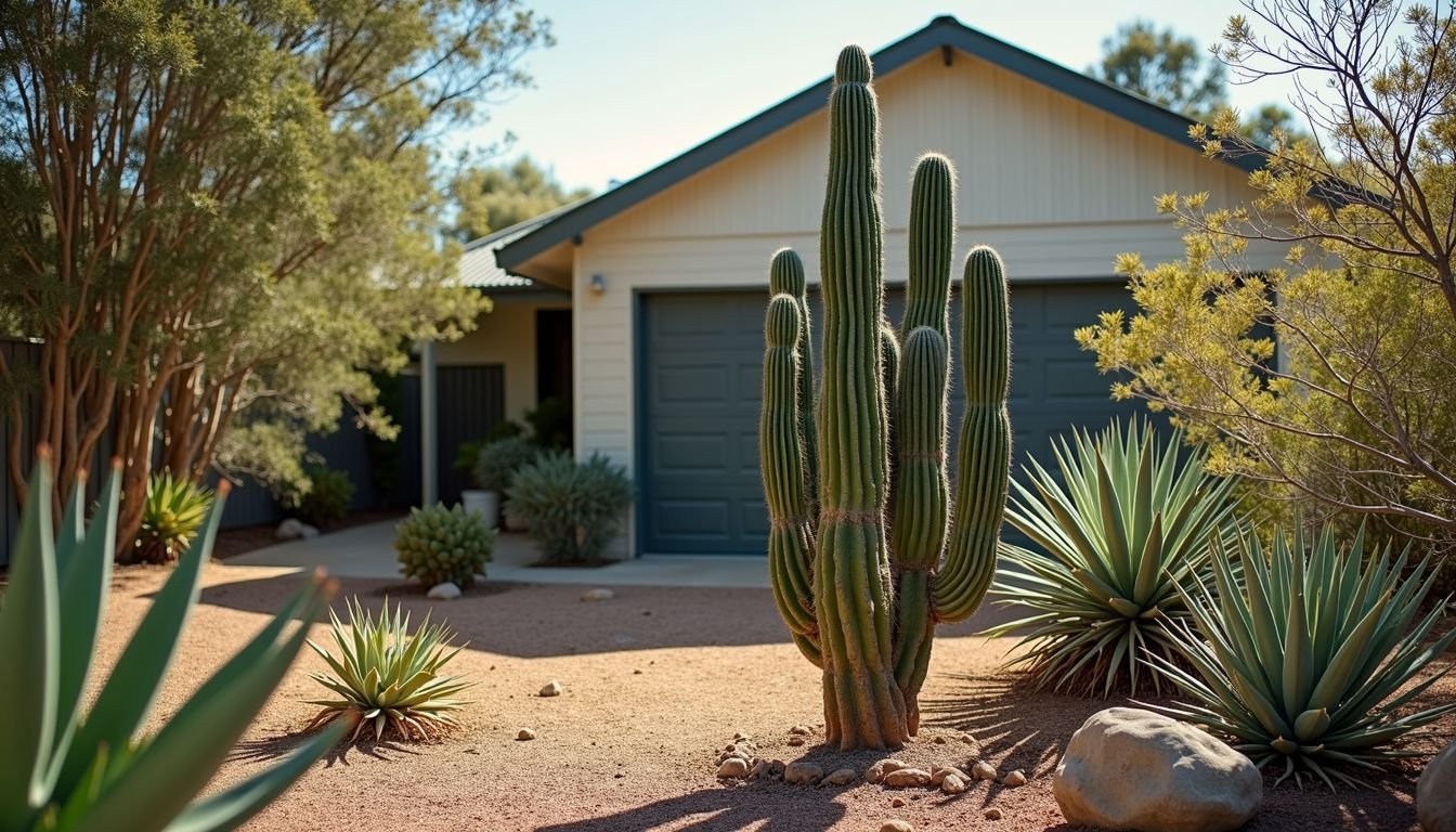 A tall desert cactus stands among native plants in an Australian backyard.