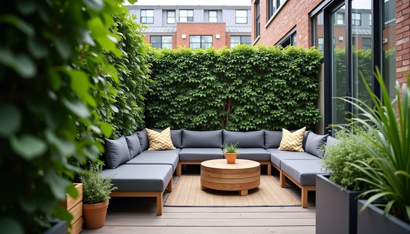 A rooftop urban garden featuring artificial plant screens for events.