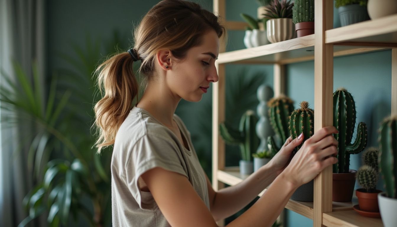 A woman organizes cactus decorations on a shelf in her living room.