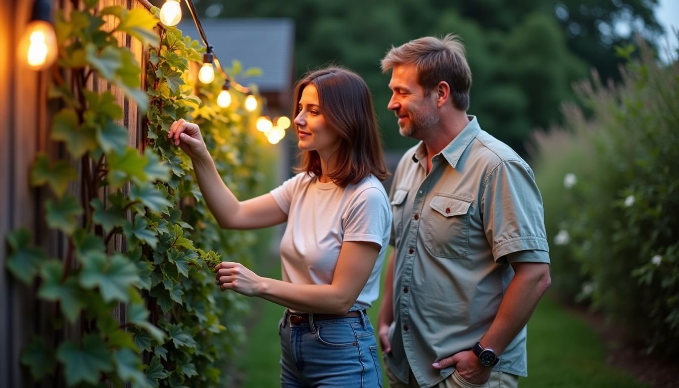 A middle-aged couple working on their backyard garden together.