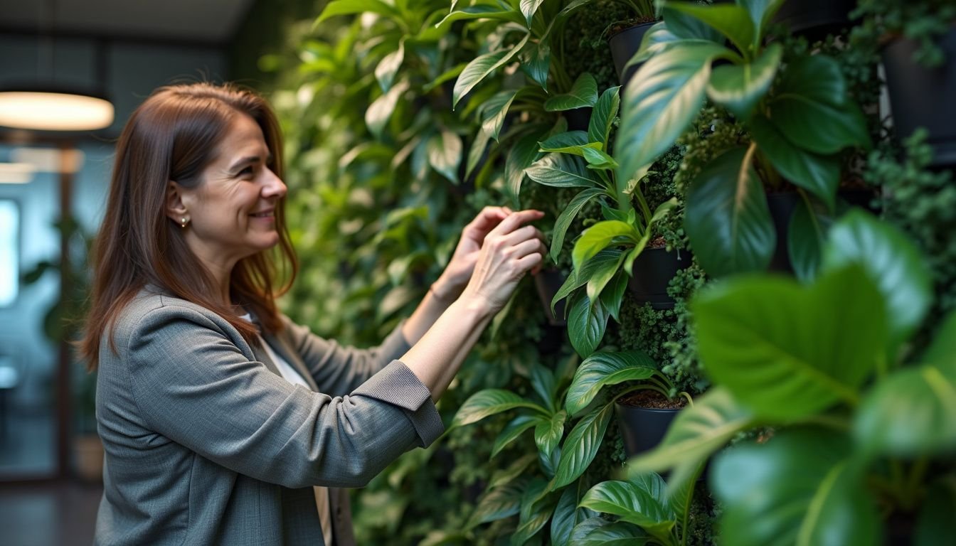 A woman in her 30s arranging plants in her modern office.