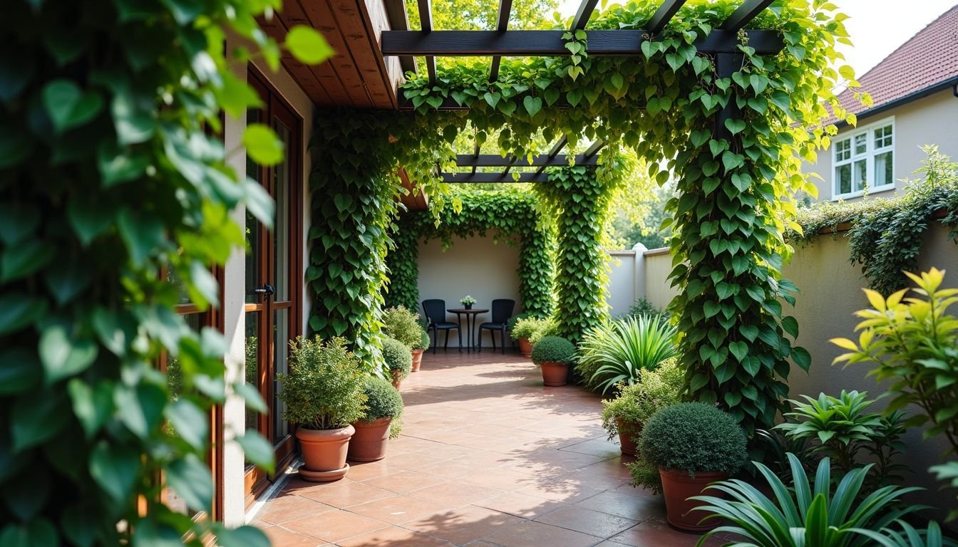 An outdoor scene with pergola and artificial vines in muted colors.