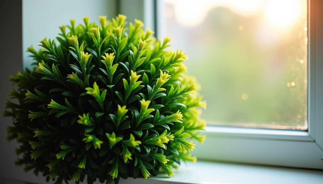 This photo shows a UV-resistant artificial topiary shrub by a window.