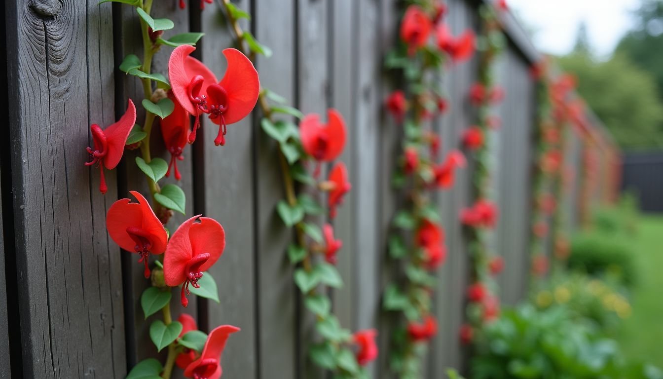 A close-up photo of Dusky Coral Pea vine with vibrant red flowers.