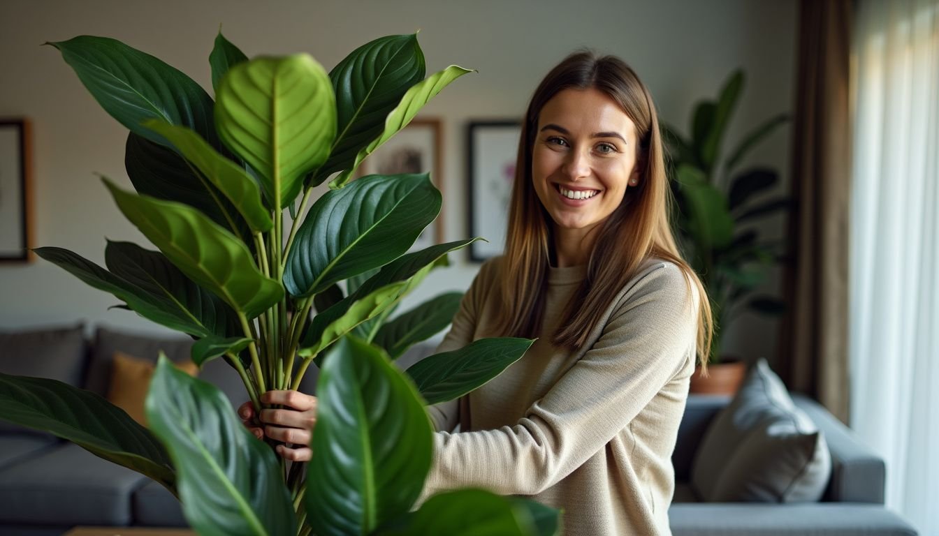 A woman in her 30s arranging a large fake plant in a modern living room.