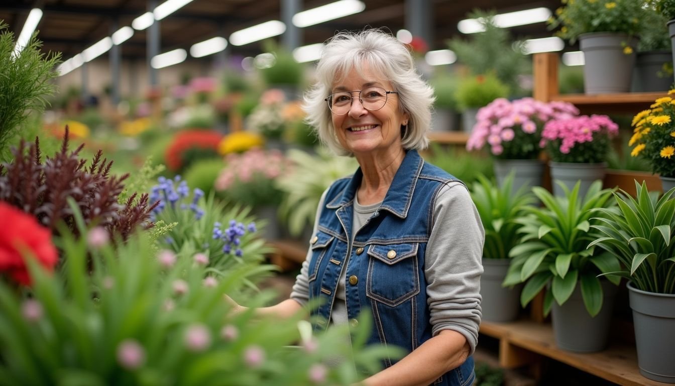 A woman shopping for faux plants at Early Settler warehouse.