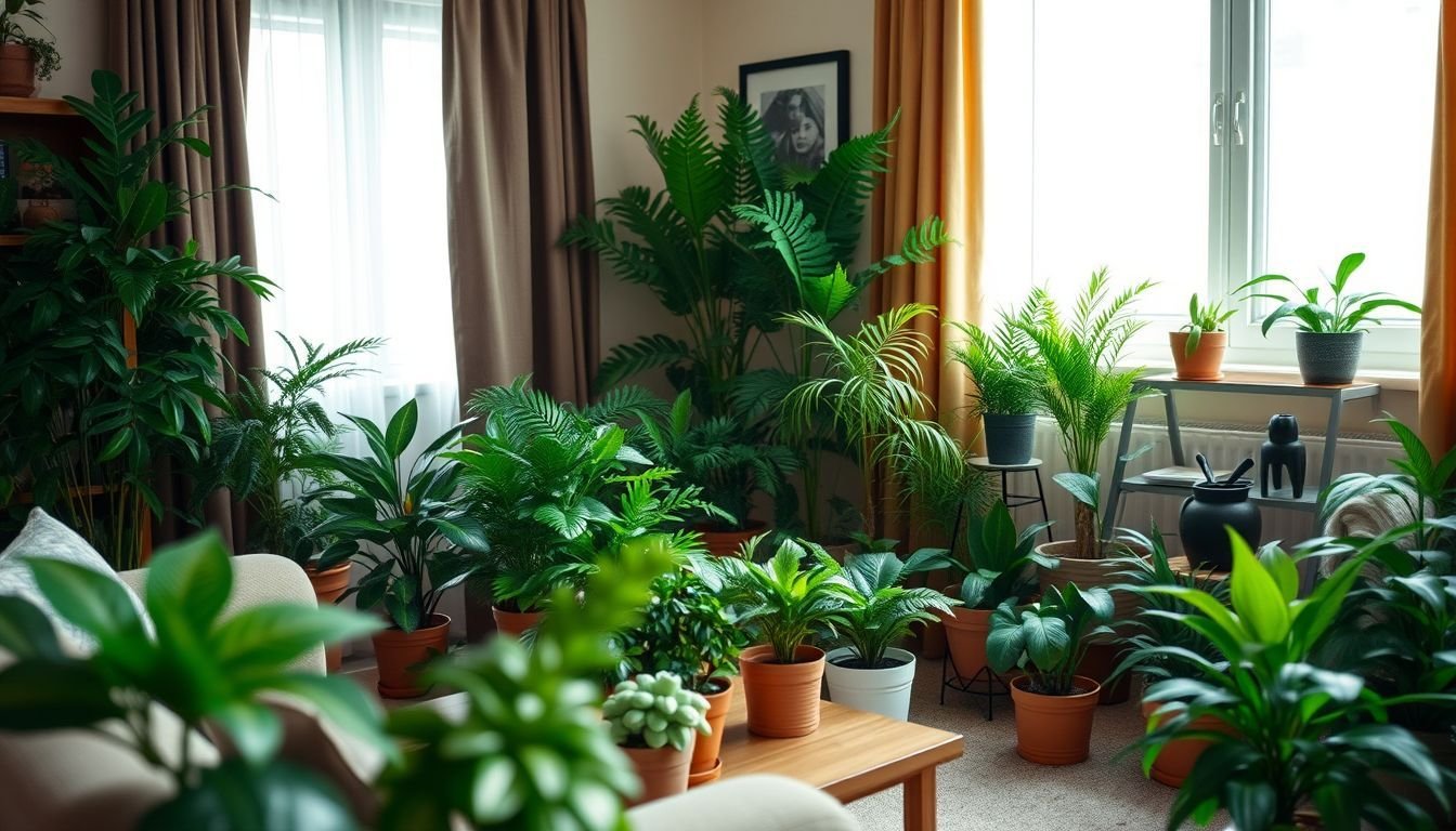 A cozy living room with artificial potted plants adding vibrancy.