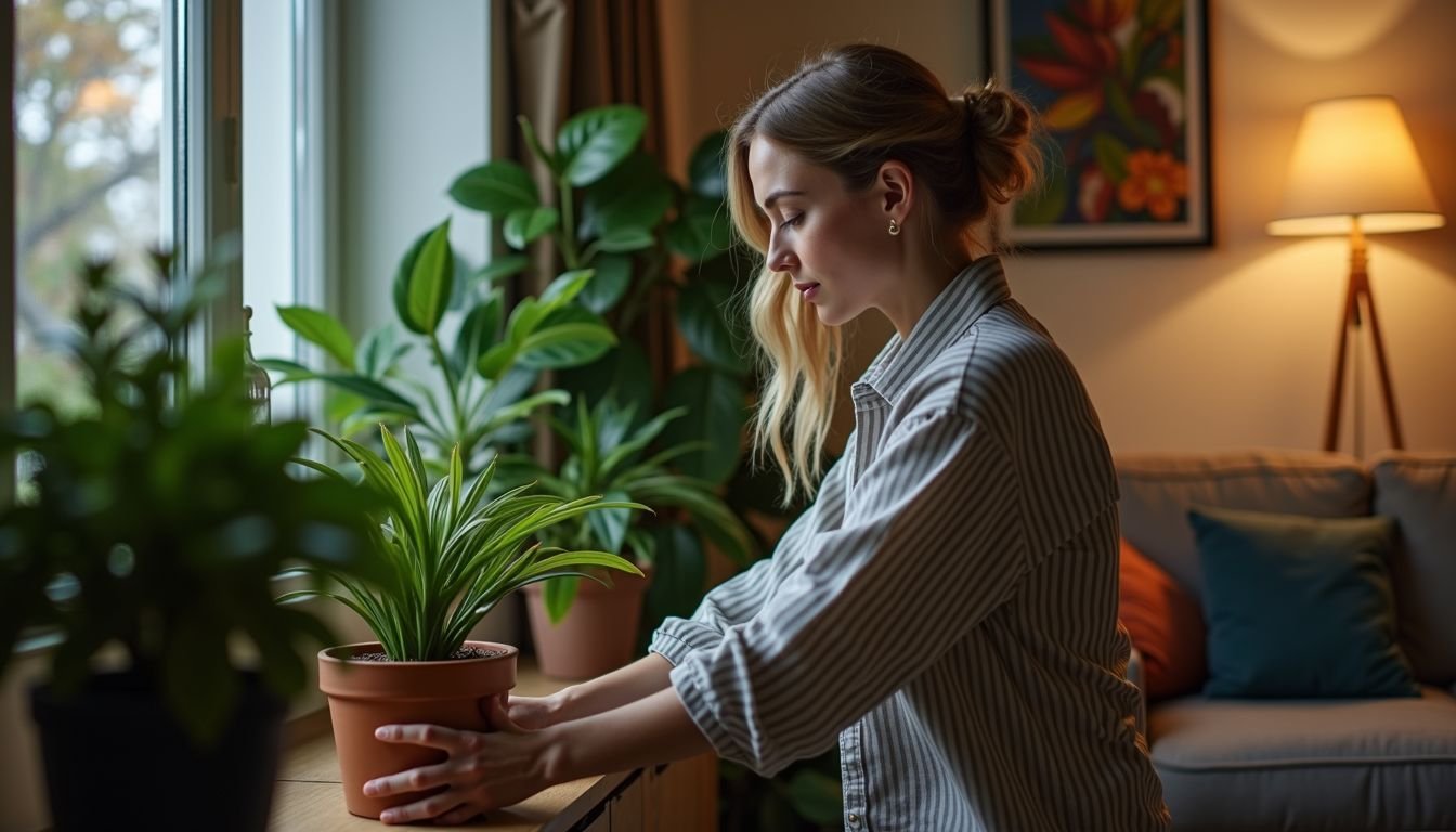 A woman in her thirties is arranging faux plants in a living room.