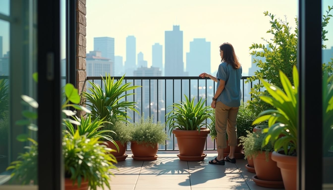 A balcony with faux potted plants overlooks a city skyline.