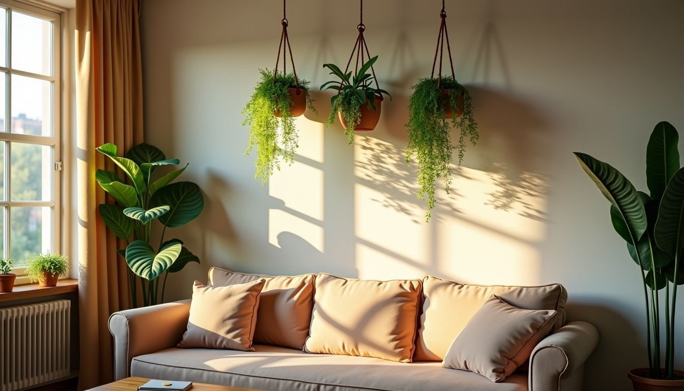 A cozy living room with hanging artificial plants in warm sunlight.