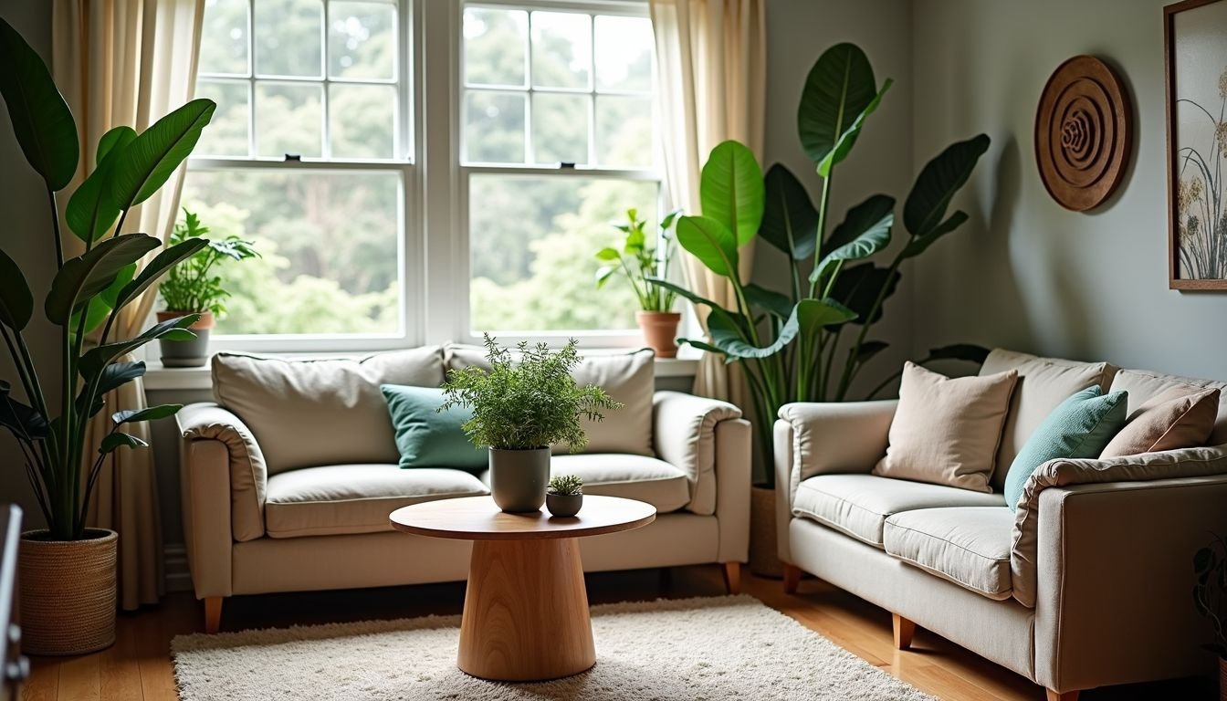 A modern living room with lifelike faux plants from Bindy.