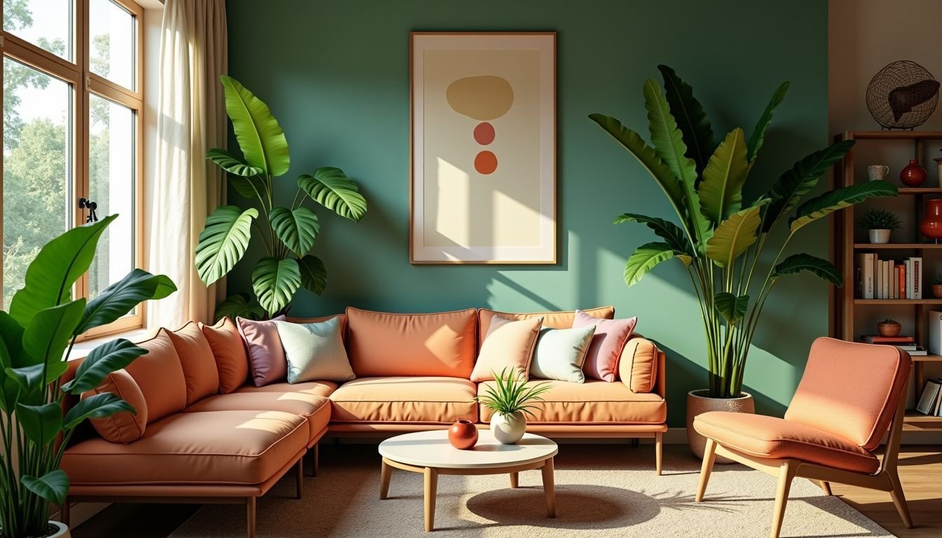 A tropical oasis-themed living room with vibrant green fake plants.