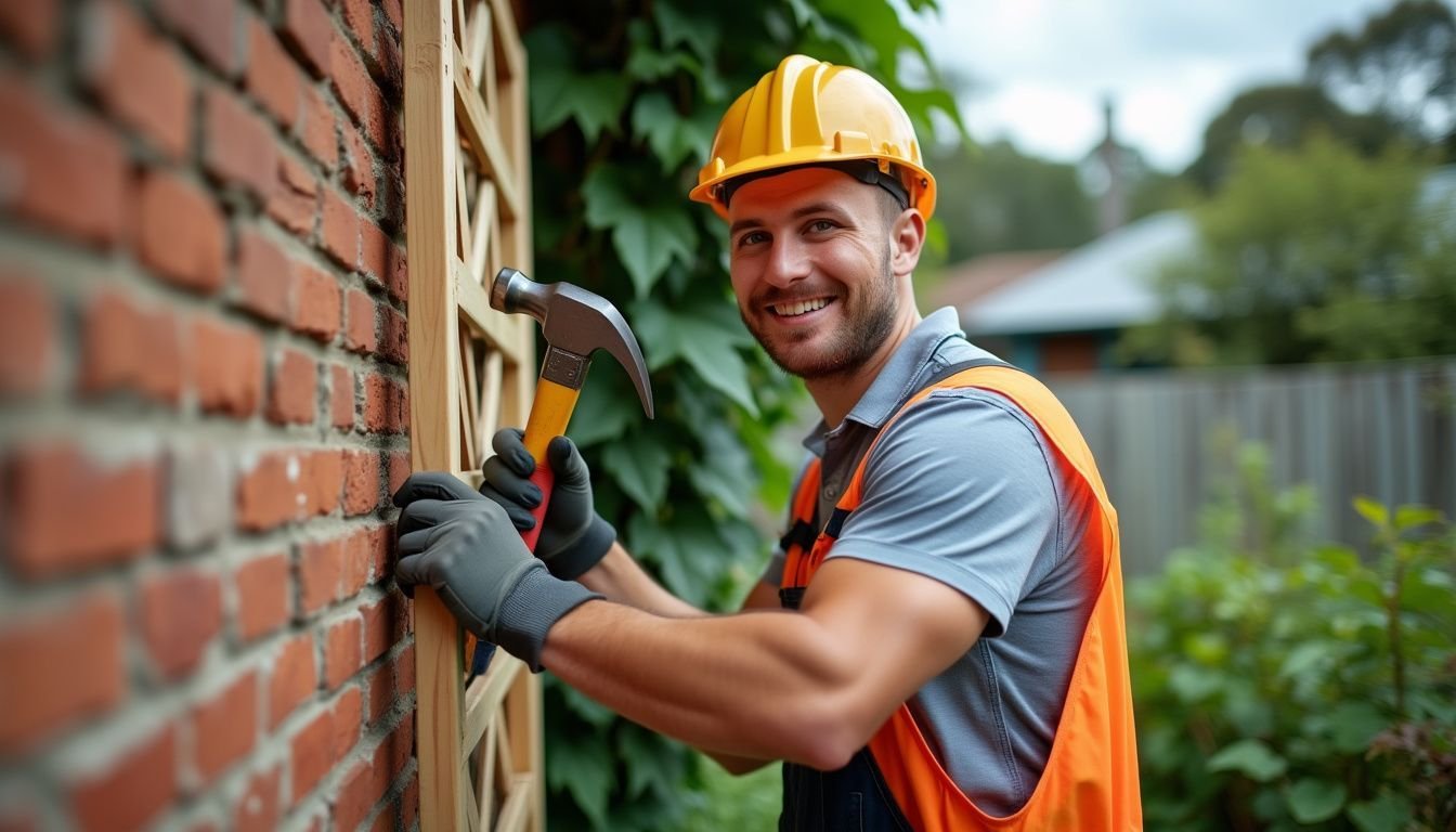 A person in work clothes and safety gear attaches a trellis to a brick wall outdoors.