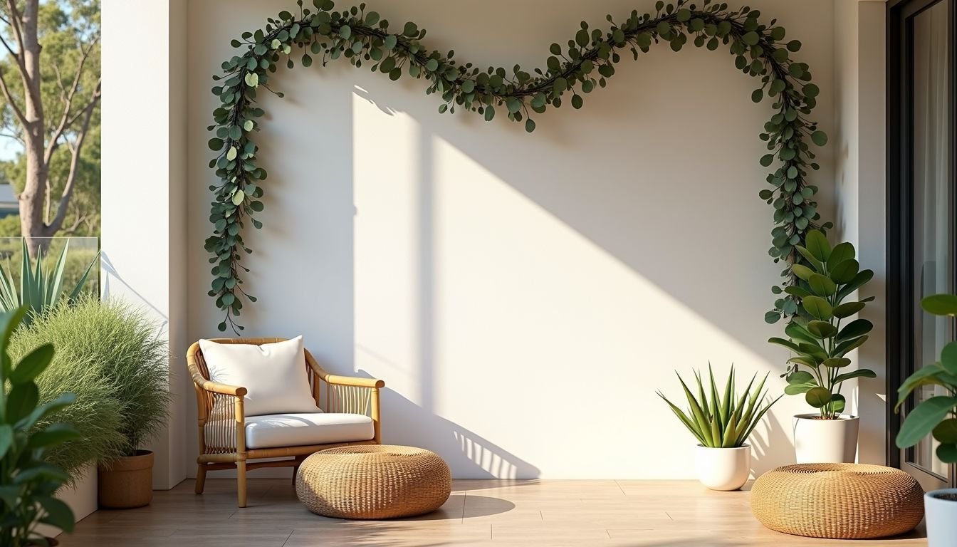 An outdoor patio with eucalyptus garland creates a casual atmosphere.