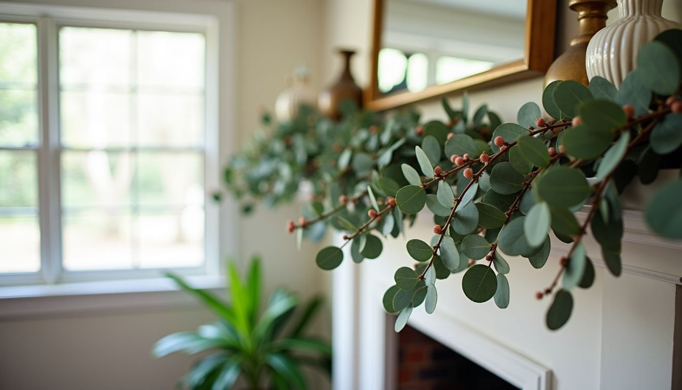 A charming eucalyptus garland hangs gracefully in a cozy living room.