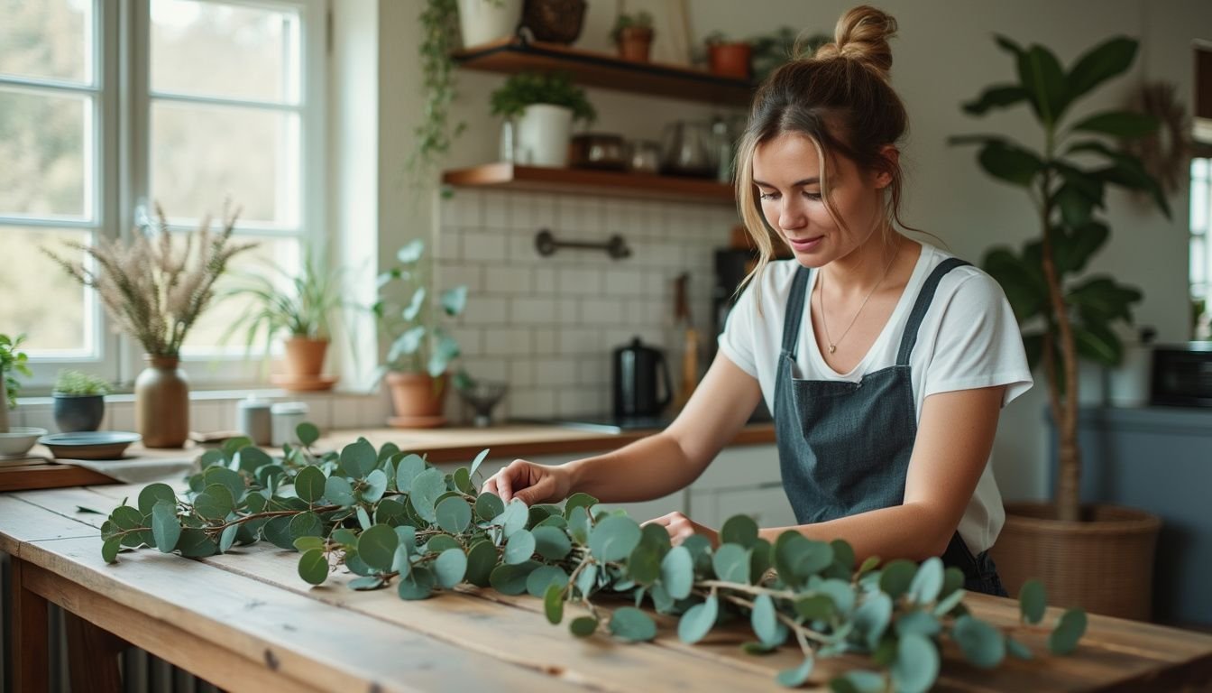 A woman arranging eucalyptus garlands and native plants on a wooden table.