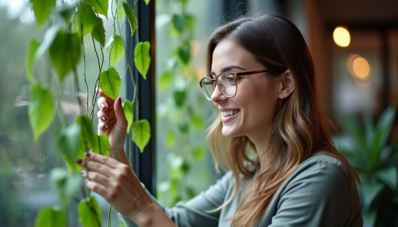 A woman inspects artificial vines in an indoor-outdoor space.