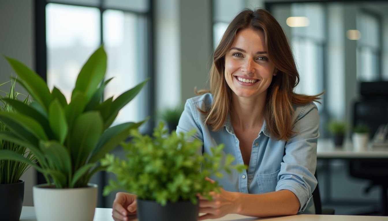 A woman arranging artificial plants on a desk in an office.