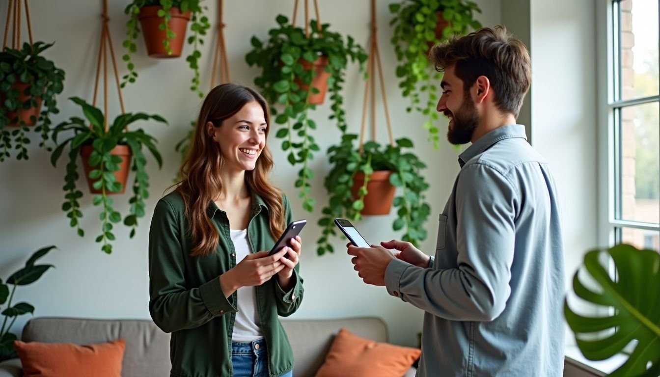 A casual living room with faux hanging plants and young couple.