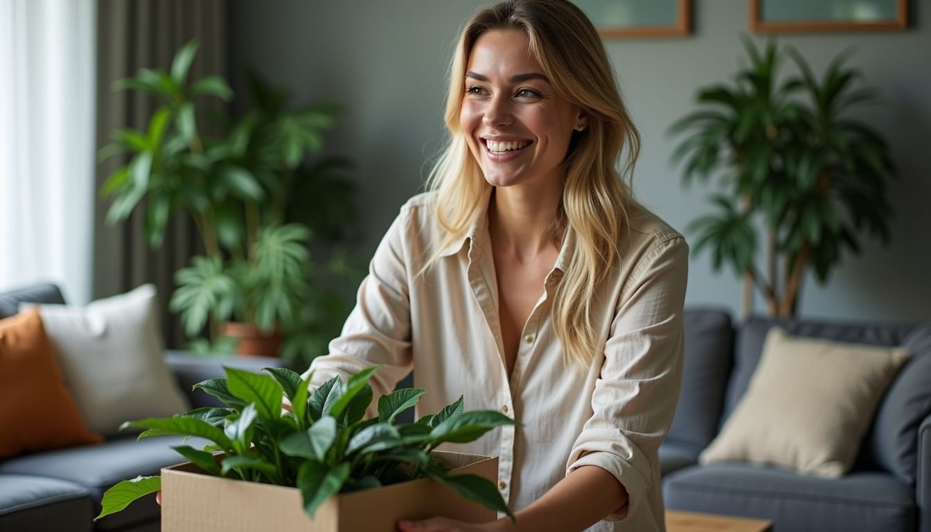 A woman unboxes a 120cm Turtle Back Artificial Plant in her living room.