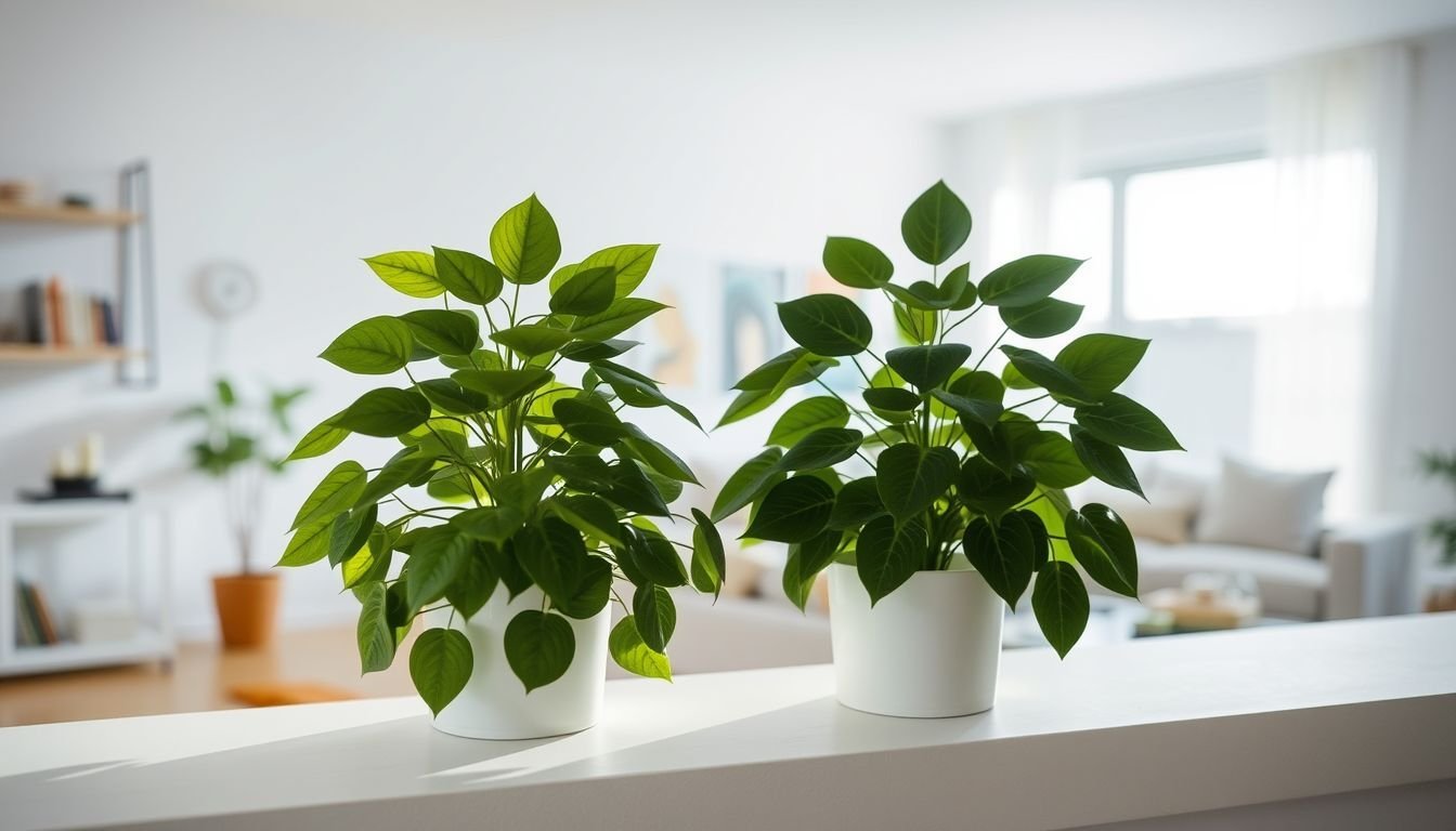 Two artificial plants from Ikea on a white shelf in a modern living room.