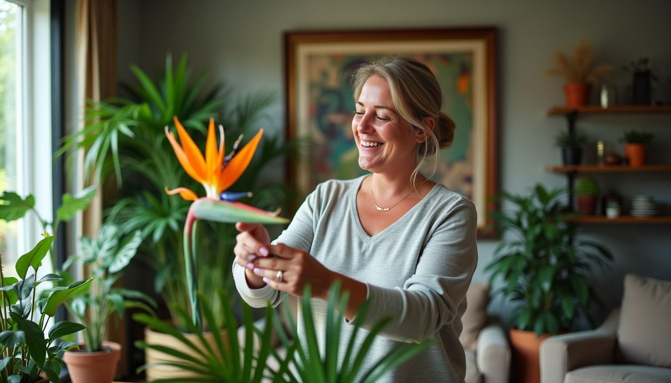 A woman in her mid-30s arranging faux plants in a modern living room.